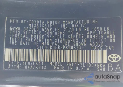 2017 Toyota Corolla Le из США, поврежденный, VIN 5YFBURHE6HP690534